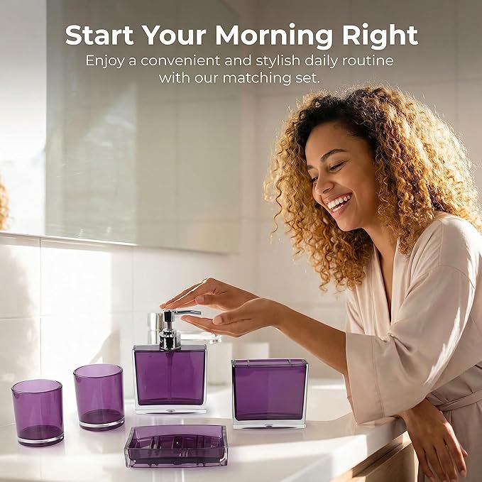 Purple Bathroom Accessories Set - 5 Pcs Acrylic Bathroom Accessory Set - Toothbrush Holder, 2 Toothbrush Cups,soap Dispenser, soap Dish for Bathroom(Purple)