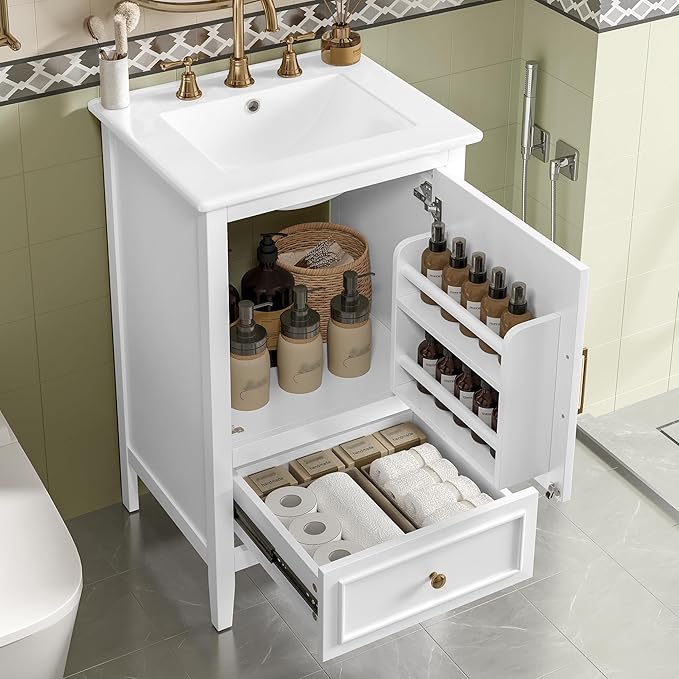 Virubi 20 in Small Bathroom Vanity with Sink,Solid Wood Modern Single Bathroom Sink Cabinet with Soft Closing Door and Drawer,Freestanding White