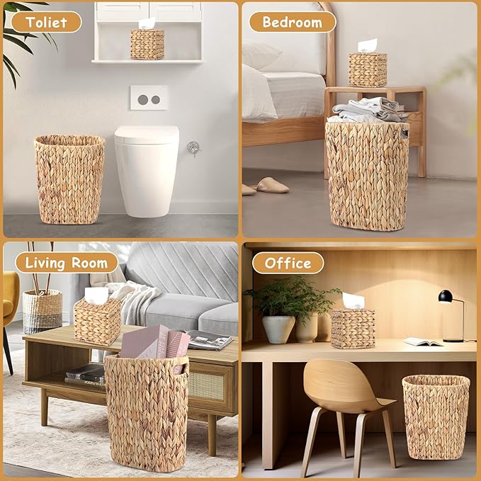 Bathroom Accessories Set,10PC Wicker Home Set with Trash Can, Tissue Box,Tray, Soap Dispenser, Soap Dish, Toothbrush Holder, Toothbrush Cup,Toilet Brush and Qtip Holders (Ratten, Beige)