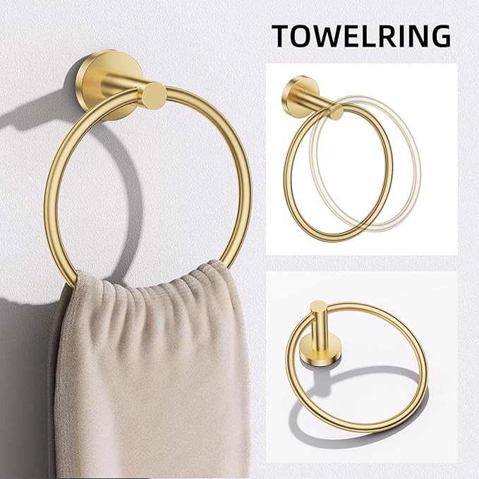 TURS Brushed Gold 5 Piece Bathroom Hardware Set, SUS304 Stainless Steel Bath Towel Bar Set, Bathroom Towel Rack Set Wall Mounted