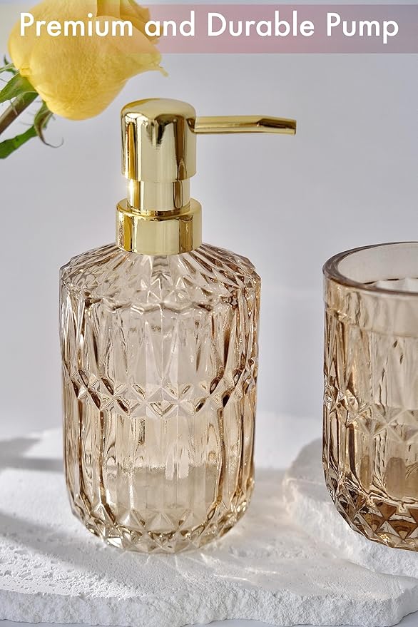 LaMarriti Brown Bathroom Accessories Set, 5Pcs Glass Bathroom Set, Lotion Soap Dispenser, Toothbrush Holder, Soap Dish, Qtips Holder, Tumbler for Crystal Vintage Bathroom Decor, Gift Set
