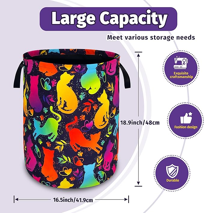 Cute Colorful Cat Laundry Basket Foldable Oxford Cloth With Handle Portable Neon Storage Basket Organizer Suitable For Laundry Room/Bedroom/Living Room/Children'S Room (18.9 X 16.5 Inch)