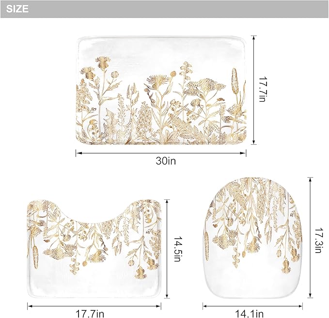 Riyidecor Vintage White Gold Floral Wildflower 4Pcs Bathroom Shower Curtain Sets Rustic Leaves Bathroom Decor Set with Rugs and Accessories Botanical Toilet Lid Rug, Contour and Bath Mat with 12 Hooks