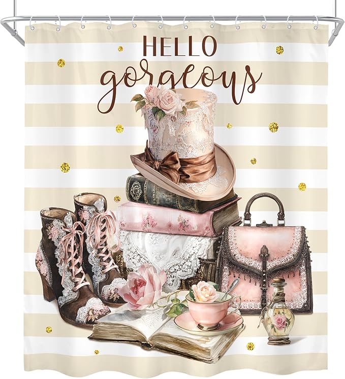 Cinbloo 4Pcs Pink Brown Shower Curtain Set, Vintage Fashion Lace Flower Beige White Striped Books Boots Cups Bathroom Curtain with Rug, Toilet Lid Cover, Bath Mat, Women Shower Curtain with 12 Hooks