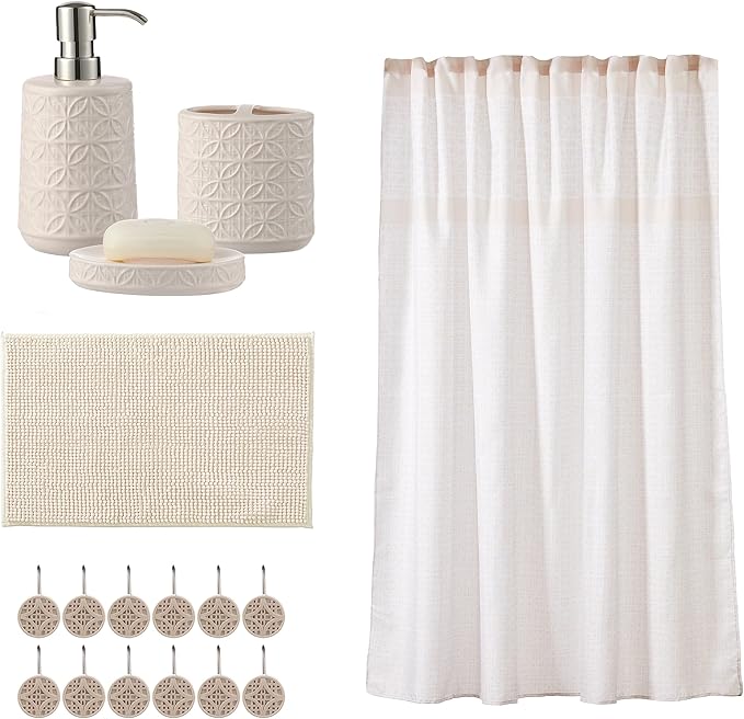Bathroom Accessories Set, Bath Accessory Complete Set with Lotion Dispenser/Soap Pump, Soap Dish and Toothbrush Holder, Bath Mat, Shower Curtain with 12 Hooks (Embossed Pattern, Tan)