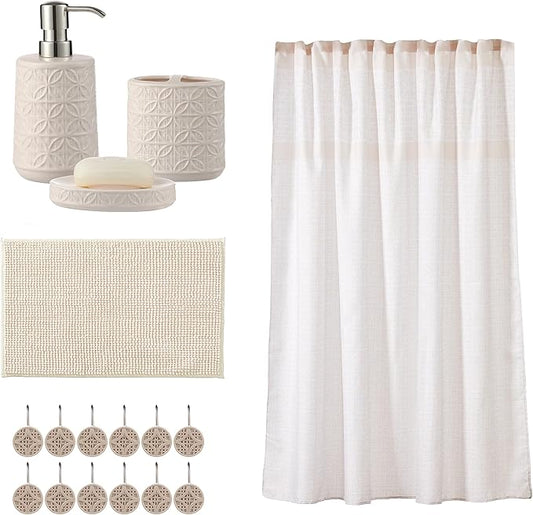 Bathroom Accessories Set, Bath Accessory Complete Set with Lotion Dispenser/Soap Pump, Soap Dish and Toothbrush Holder, Bath Mat, Shower Curtain with 12 Hooks (Embossed Pattern, Tan)
