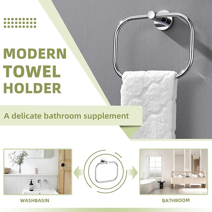 APLusee Chrome Bath Towel Ring, Stainless Steel Hand Towel Holder, Wall Mount