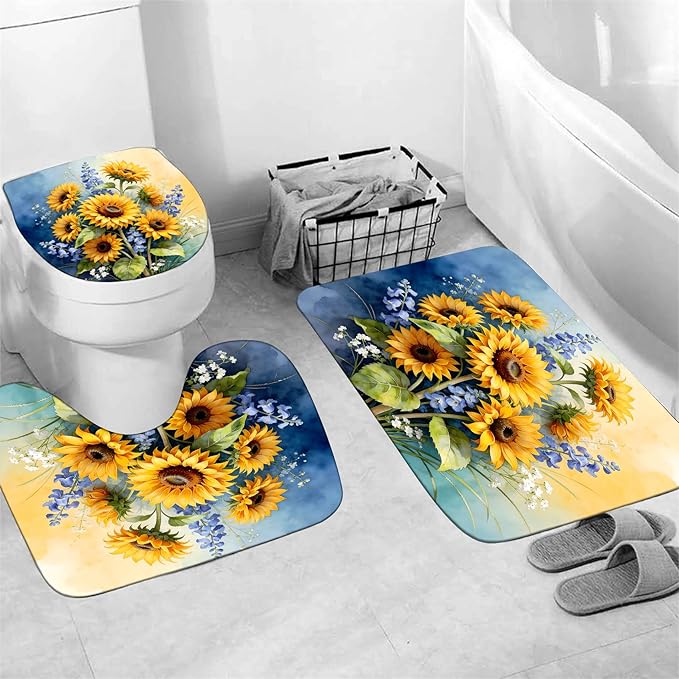 AZHM Watercolor Sunflower Shower Curtain Set 4 PCS Rustic Yellow Blue Floral Bathroom Accessory Sets with Non-Slip Bath Rugs, Toilet Lid Cover and U-Shaped Mat