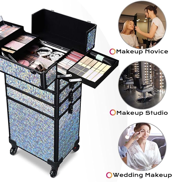 BYOOTIQUE Makeup Train Case Kit with Cube Case Cosmetic Organizer Mermaid Silver