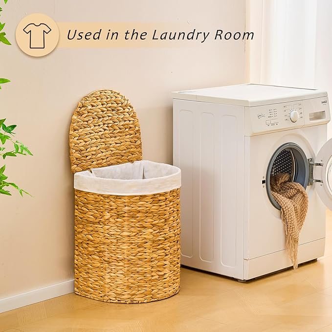 Half Round Wicker Laundry Hamper with Lid and 2 Removable Liner Bags, Handwoven Natural Water Hyacinth Laundry Basket for Dirty Clothes, Natural