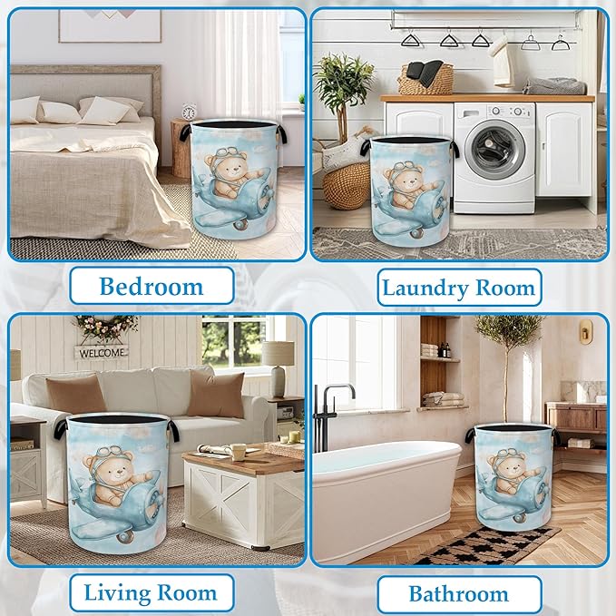 Blue Bear Pilot Laundry Hamper Balloon Collapsible Laundry Basket Portable Clothes Toy Storage Bin for Bathroom Bedroom Room Decor 16 X 20.8 Inch
