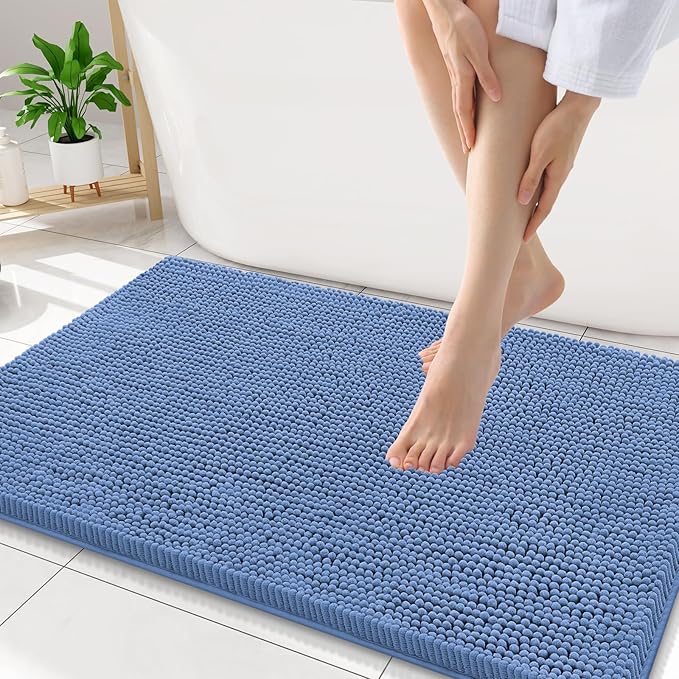 Smiry Luxury Chenille Bathroom Rugs 30x20, Extra Soft and Absorbent Shaggy Bath Mat, Machine Washable, Non-Slip Plush Carpet Runner for Tub, Shower, and Floor, Home Decor Accessories, Cornflower Blue