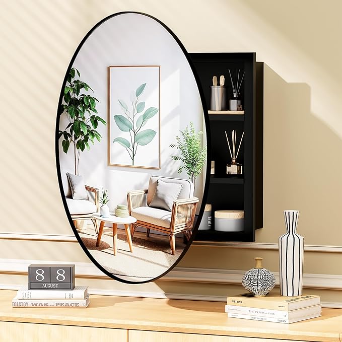 Black Medicine Cabinet Mirror, Wall Mounted Bathroom Vanity with Mirror, 23.2" Round Bathroom Medicine Cabinet with Storage Function, Removable Shelves, Metal, NO Assembly