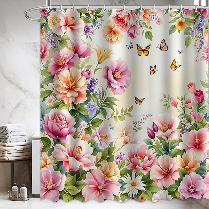 Floral Shower Curtain，Colorful Flower Butterfly Spring Summer Bathroom Decor, Waterproof Cloth Fabric Shower Curtains with 12 Hooks，72" W x 72" L