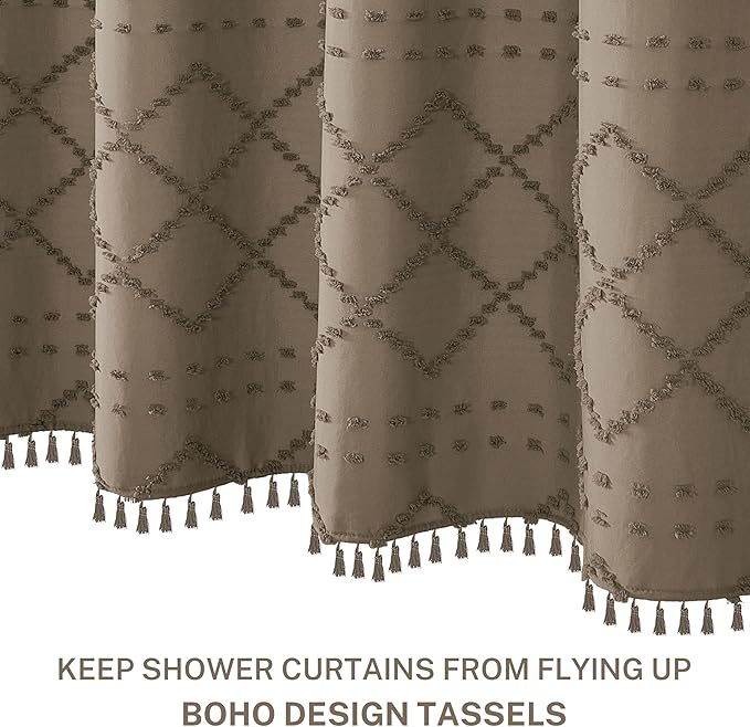Extra Long Boho Shower Curtain with Tassels 72 x 90, Khaki
