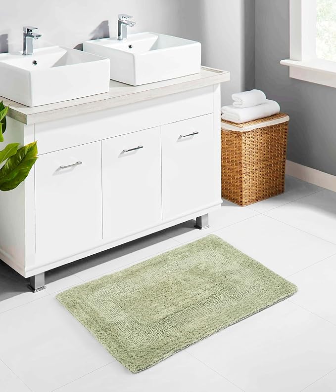 COTTON CRAFT Luxurious Bath Mat Rug - Set of 2 Reversible Heavyweight Step Out Bath Mats for Bathroom Floor, Tub and Shower - Pure Cotton Soft Plush Absorbent Tufted Racetrack Mat - 17x24 - Sage Green