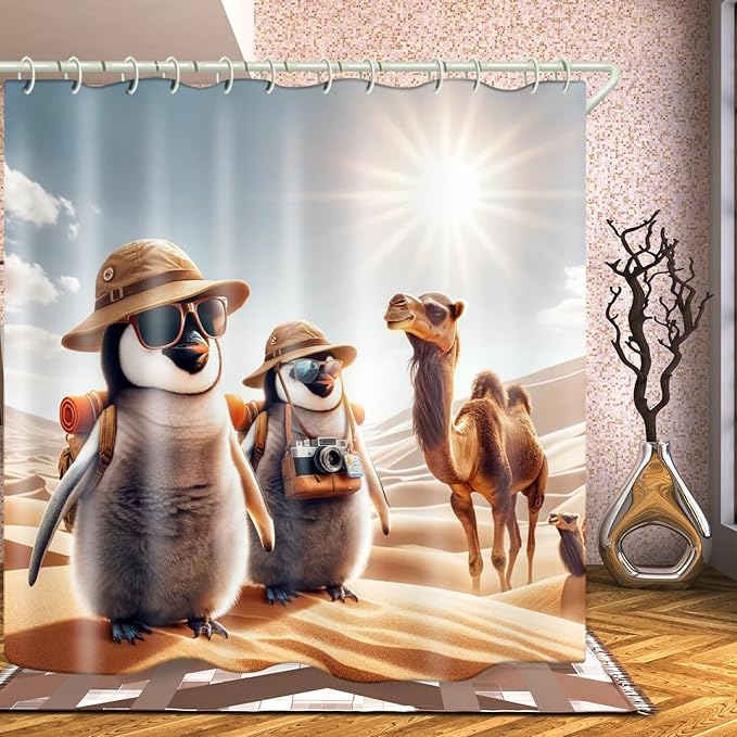 Bathroom Shower Curtains, Desert Penguin Camel Theme Design Waterproof Shower Curtains, Bathroom Decoration Set Animal Shower Curtain Hook 72 "Wx72 L-inch Fabric Shower Curtain.