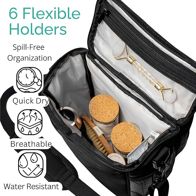 TERRA HOME Portable XL Shower Caddy Bag - College Dorm Room Essentials for Men, Women, Students - Foldable, Water Resistant with Hanging Keychain Hook and Shoulder Strap Shower Organizer Bag (Black)