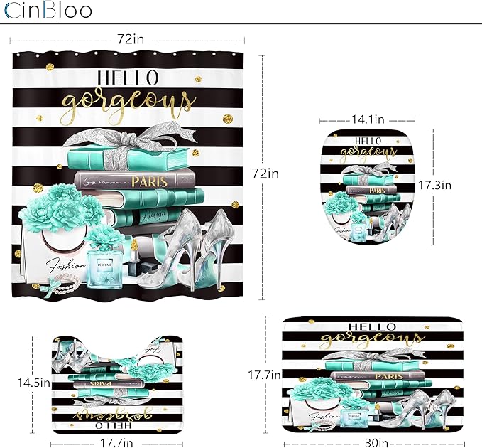 Cinbloo 4Pcs Black and Teal Shower Curtain Set,Modern High Heels Striped Magazine Book Bathroom Curtain with Rug, Toilet Lid Cover, Bath Mat,Floral Flower Perfume Shower Curtain with 12 Hooks