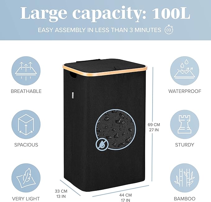 LONBET Laundry Basket with Lid, Made from Breathable Fabric | Aesthetic Clothes Hampers for Laundry with Side Handles & Sturdy Bamboo Frame (26 Gallons - Single, Black)