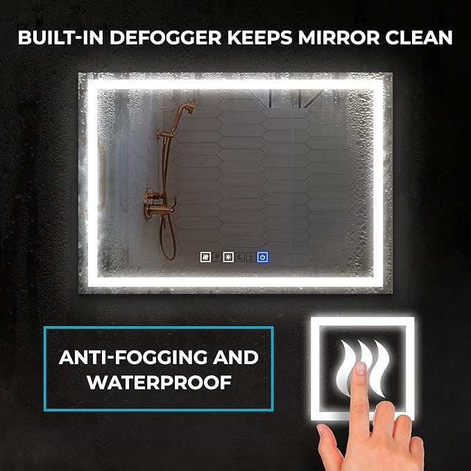 30x60 Inch Rectangular LED Bathroom Mirror with Lights Front and Backlit, 3 Color Modes, Touch Dimmer, Anti-Fog - Wall Mounted Vanity Mirror for Bathroom, Bedroom - Fab Glass and Mirror