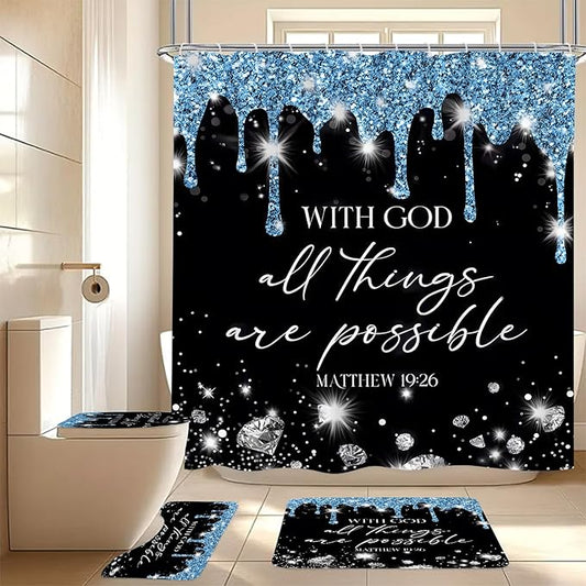 4 Pcs Black Blue Diamonds Shower Curtain Set with Rugs and Toilet Lid Cover, Black White Bible Verse Waterproof Fabric Bathroom Set, Christian Scripture Shower Curtain Bathroom Decor Set Accessories