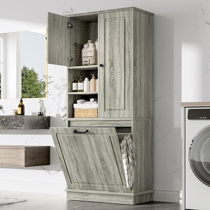 Virubi Tall Laundry Cabinet with Tilt Out Hamper, Wood Tall Laundry Room Cabinets with Doors, and Adjustable Shelves, for Bathroom Storage Organization, Freestanding, Oak