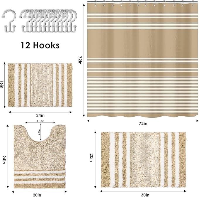 Britimes Beige Stripes Bathroom Sets with Shower Curtain and Rugs, Minimalist Modern Striped Waterproof Shower Curtain Liner and Soft Non Slip Bath Mat for Bathroom Decor and Accessories Hooks