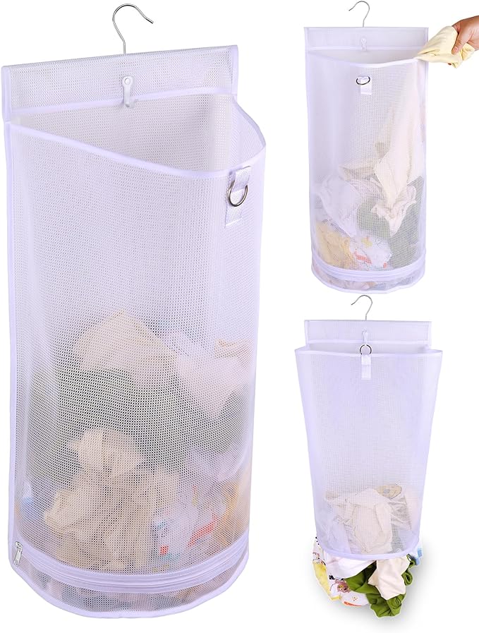 Hanging Collapsible Mesh Laundry Hamper - Breathable Fast Drying Laundry Bag, Space Saving Laundry Basket for Dorm, RV & Bathroom (White)