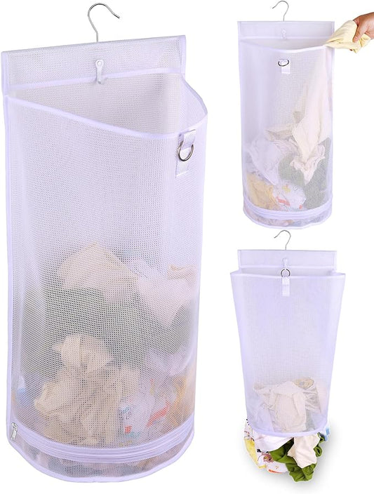 Hanging Collapsible Mesh Laundry Hamper - Breathable Fast Drying Laundry Bag, Space Saving Laundry Basket for Dorm, RV & Bathroom (White)
