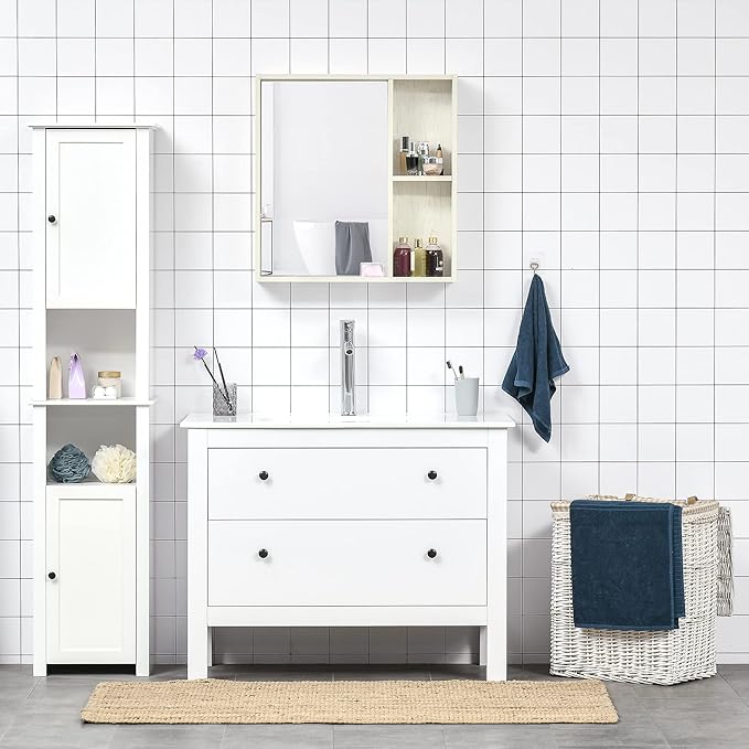 kleankin 24.75" x 25.5" Bathroom Medicine Cabinet with Mirror, Storage Shelf, Over Toilet Bathroom Cabinet Wall Mounted for Living Room and Laundry Room, White