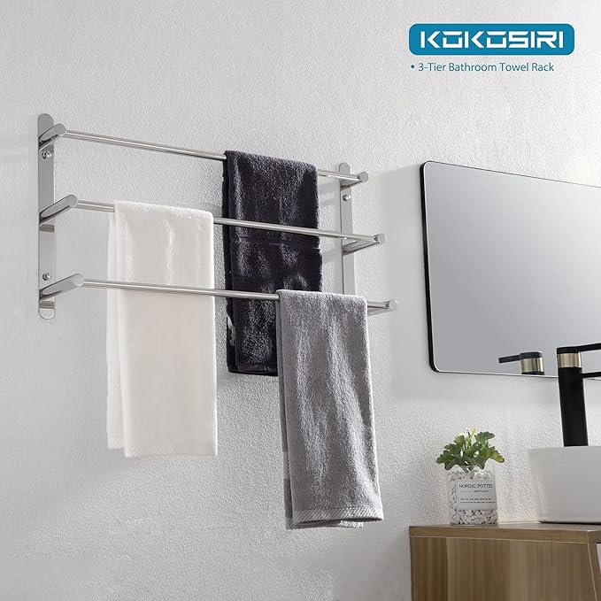 KOKOSIRI Bath Towel Bars Bathroom 3-Tiers Ladder Towel Rails Wall Mounted Towels Shelves Rack Stainless Steel, Polished Chrome, B5002CH-L24