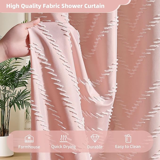 Extra Long Pink Boho Shower Curtain with White Tassel, Woven Fabric 96 in Curtain, Tufted Chevron Striped, 72x96, Modern Chic Textured Minimalist Cute for Bathroom