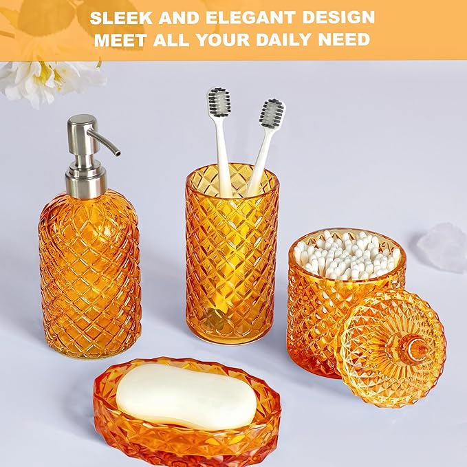 LaMarriti Orange Bathroom Accessories Set, 4Pcs Clear Glass Bathroom Accessory Set, Lotion Soap Dispenser, Toothbrush Holder Set, Soap Dish, Qtip Holder for Vintage Crystal Bath Decor, Burnt Orange