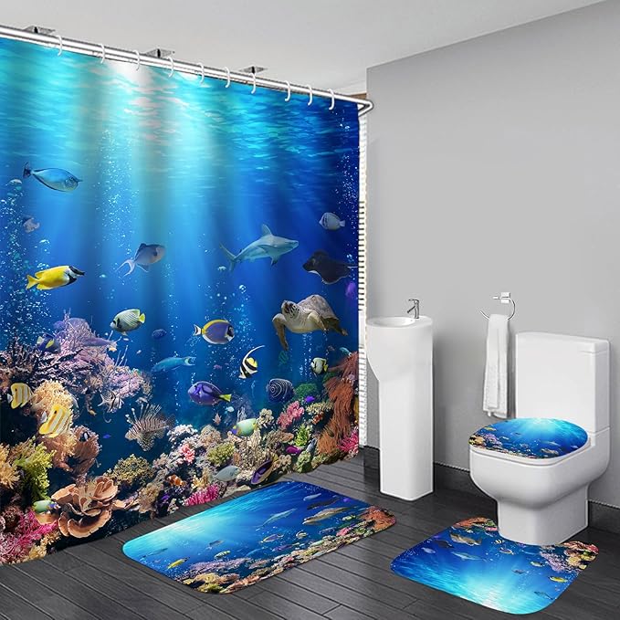 4Pcs Sunlight Sea Fish Bathroom Sets with Rugs, Shark and Turtle Print Machine-Washable Shower Curtain, Bluey Ocean Theme Bath Accessories Sets for Bathroom, Set de baño completo, 12 Pcs Hooks