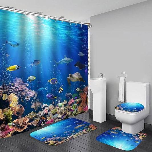 4Pcs Sunlight Sea Fish Bathroom Sets with Rugs, Shark and Turtle Print Machine-Washable Shower Curtain, Bluey Ocean Theme Bath Accessories Sets for Bathroom, Set de baño completo, 12 Pcs Hooks