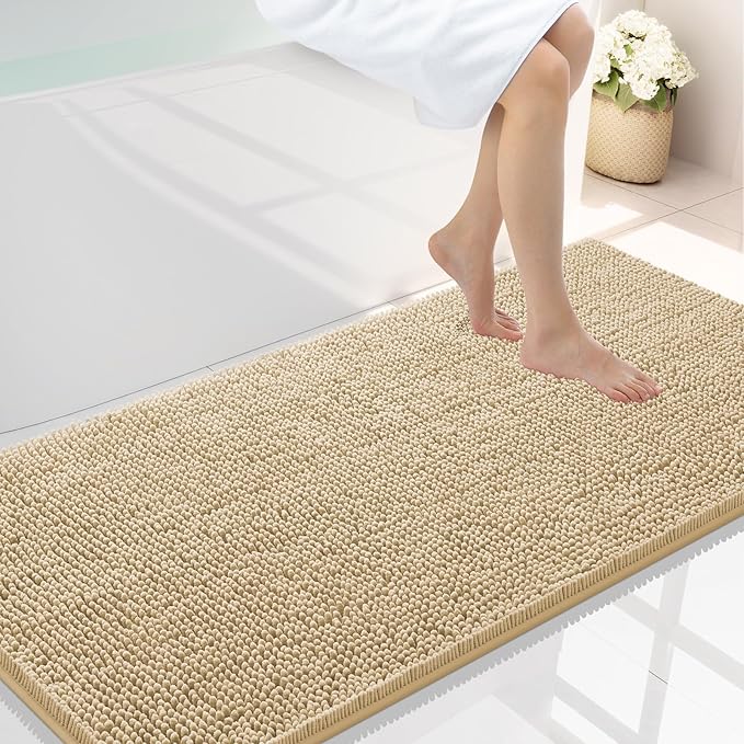 Smiry Luxury Chenille Bathroom Rugs 44x24, Extra Soft and Absorbent Shaggy Bath Mat, Machine Washable, Non-Slip Plush Carpet Runner for Tub, Shower, and Floor, Home Decor Accessories, Beige