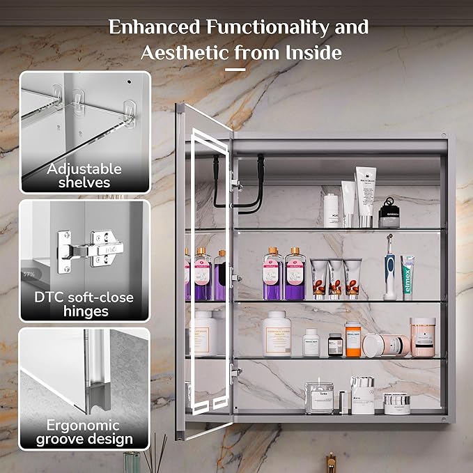 Keonjinn 20 x 32 Inch LED Medicine Cabinet Mirror, Bathroom Medicine Cabinet with Lights, Tempered Glass, UL-Listed, Adjustable Shelves, No Outlets, 3 Color Lights, Dimmable, Wall Mount Only