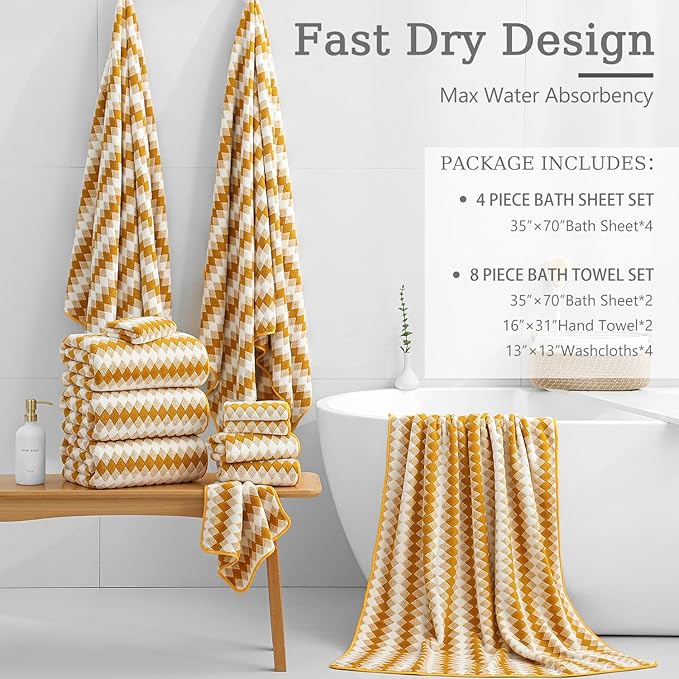 8 Piece Bathroom Towel Set |2 Oversized Bath Towels,2 Hand Towels,4 Washcloths| 600GSM Soft Hotel Towel Set Large Bath Sheet for Bathroom,Highly Absorbent Quick Dry Bath Towel Collections,Golden Brown