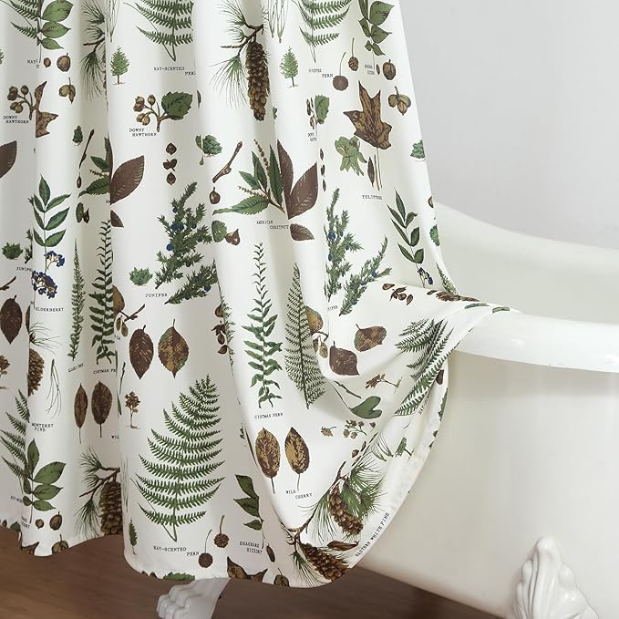 Fabric Shower Curtain, Brown and Green Natural Botanical Leaf Pinecone Print Shower Curtains for Bathroom, 72" W x 72" H