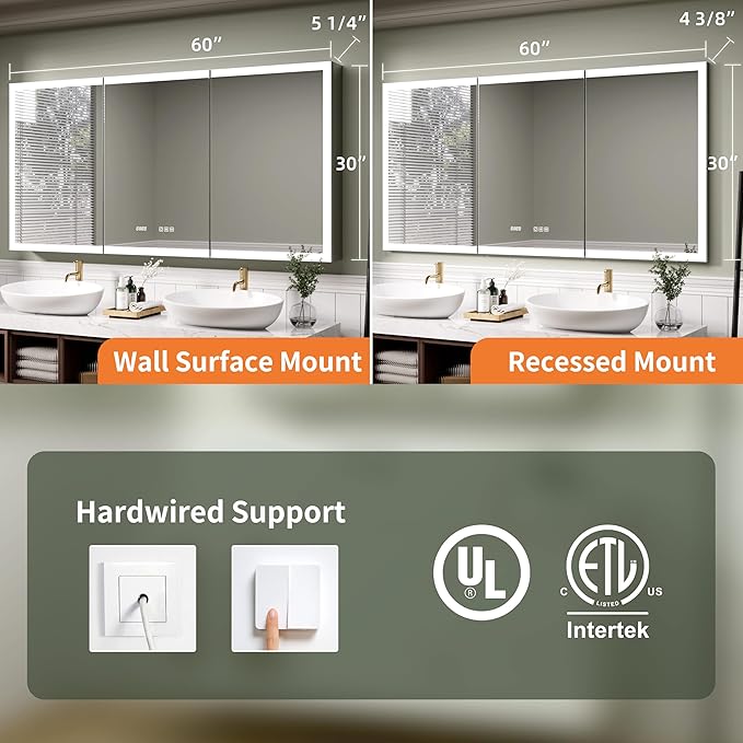 LED Medicine Cabinet Mirror, 60x30 Inch Bathroom Storage, Recessed/Wall Mount, Plug-in/Hardwired, 3 Color Dimmable Light, Anti-Fog, Time Temp Display