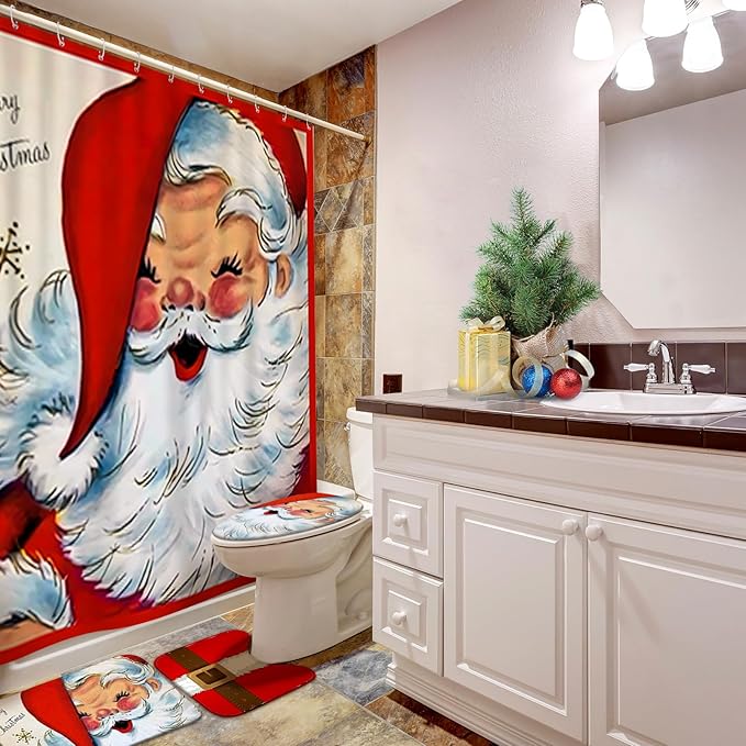 Drydiet 4 Pcs Fall Shower Curtain Sets 71 x 71 in Autumn Non Slip Rugs Toilet Lid Cover Bath Mat and 12 Hooks Fall Bathroom Shower Curtain for Thanksgiving Harvest Farmhouse Home Decor(Christmas)