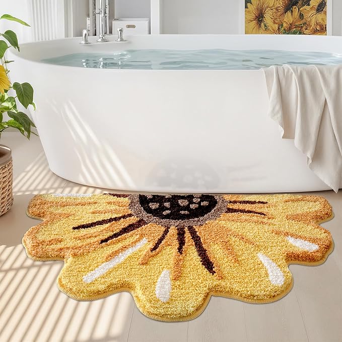 LUMI Floral Bath Mat, Sunflower Bathroom Rug, Soft Plush Fluffy Yellow Bath Mat, Absorbent, Non-Slip for Bathroom, Kitchen Sink, Bedroom, Kid's Bedroom, and Living Room, 20"x36"