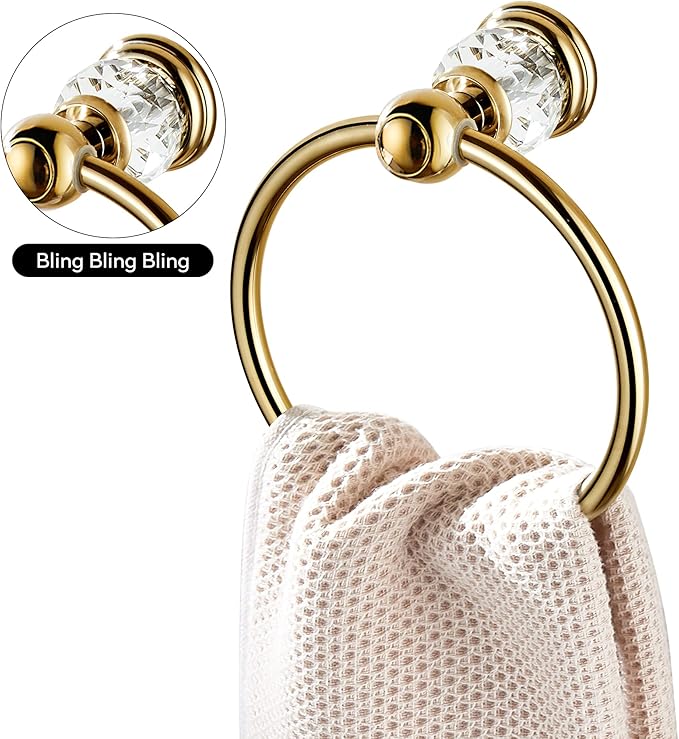 WINCASE Crystal Towel Ring, Gold Towel Holders for Bathrooms, Round Hand Towel Rack Wall Mounted Decorative