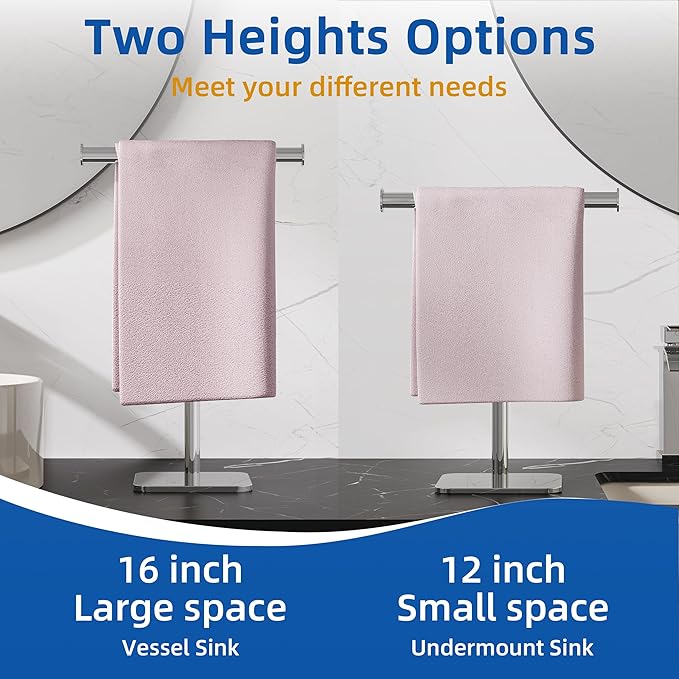 RUACQ Hand Towel Stand, 16" T-Shape Hand Towel Holder Stand for Bathroom, Kitchen and Countertop Towel Holder 304 Stainless Steel Hand Towel Rack with Weighted Base (Chrome)