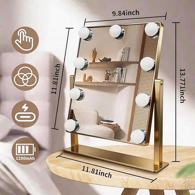 Makeup Vanity Mirror with Lights LED Makeup Mirror Detachable 10X Magnification, Hollywood Make Up Mirror with Lighting, Smart Touch, Rechargeable,360° Rotation, Gold 13.77"x 11.81"