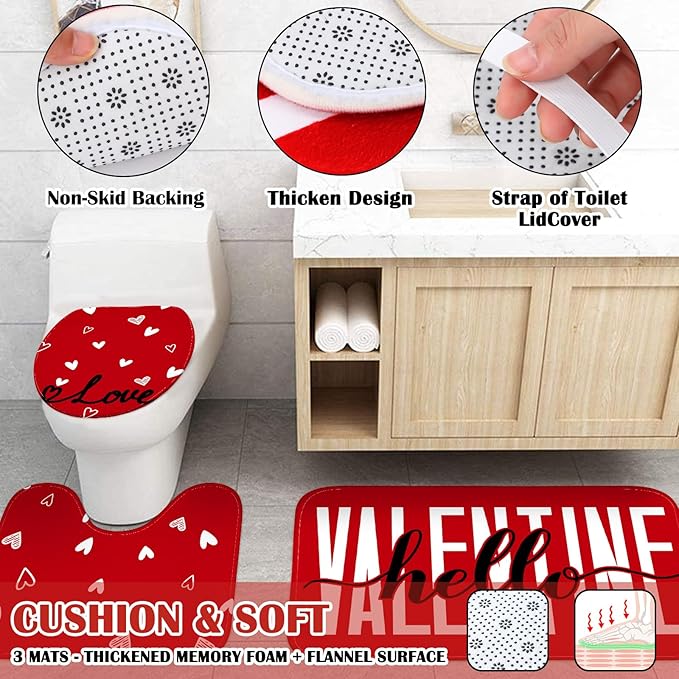 Drydiet 4 Pcs Valentine's Day Shower Curtain Set, Non Slip Rugs Toilet Lid Cover U Shape Bath Mat and 12 Hooks Love Heart Shape Red Bathroom Supplies for Valentines Accessories Decor Set