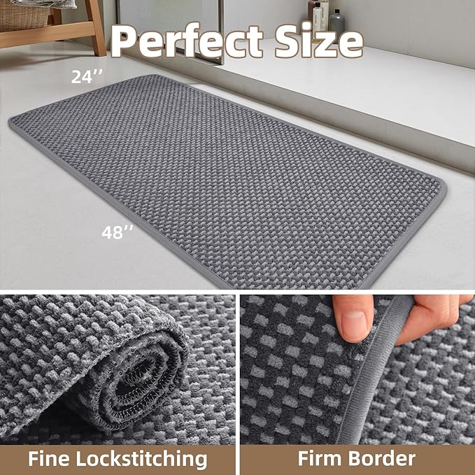 PADOOR-Bath Mat Runner-Super Absorbent Chenille Bathroom Mats-Rubber Backed Bath Mats for Bathroom Non Slip, Easy Clean Bathroom Runner Rugs Front of Bathtub,Shower Room,Sink-24×48