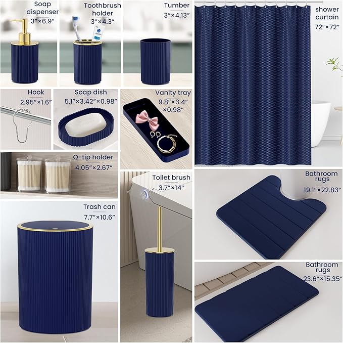 Navy Blue Bathroom Accessories Set - Bathroom Sets, 25PC Bath Accessory Set, Bathroom Sets with Push Top Trash Can, Shower Curtain and Rugs, Toilet Brush, Trash Can & Soap Dispenser