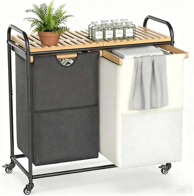 BambooHomie Laundry Sorter 2 Section, Laundry Hampers with Removable Shelf and Pull-Out Bags, Rolling Cart Clothes Hampers Basket with Wheels for Laundry Room Bathroom, 2 x 46 L